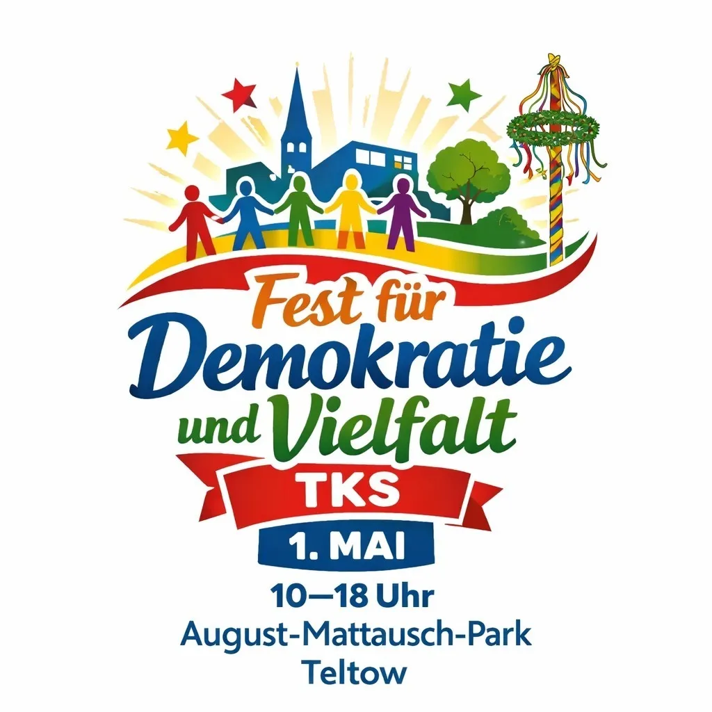 Logo zum Fest für Demokratie und Vielfalt in TKS am 1. Mai 10-18 Uhr August-Mattausch-Park Teltow